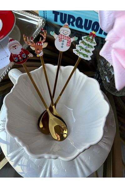 Hatice sakallı design New Year Themed Snowman Deer Tree Santa Claus Set of 4 Coffee Nescafe Dessert Spoon