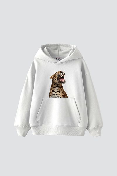 Sekizbiraltı Leopard Silhouette Printed Oversize Unisex Premium White Hoodie