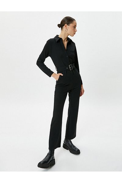 Koton Jumpsuit Long Sleeve Belt Detailed Shirt Collar Buttoned Pocket