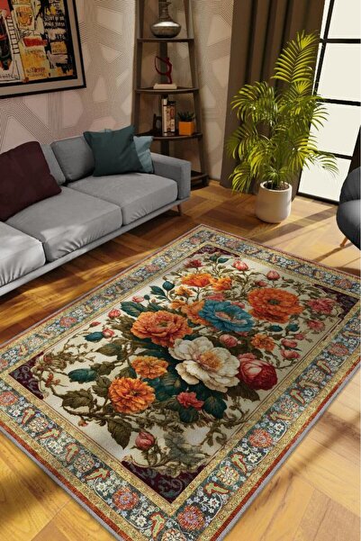 Homshtag Art Deco Renkli Çiçekler Vintage Halı Görünümlü Dijital Renkli Halı,...