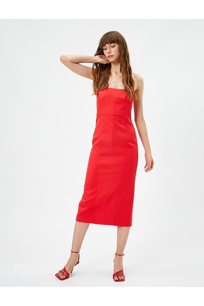 Koton Strapless Evening Dress Midi Length Slit Detailed