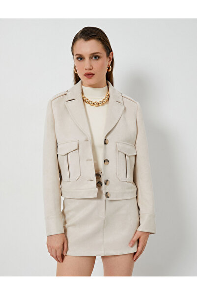 Koton Suede Look Jacket Buttoned Pocket Detailed Epaulettes
