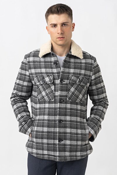 White Stone Antrasit Kürk Yakalı Düğme Kapamalı Ekose Desenli Kaban