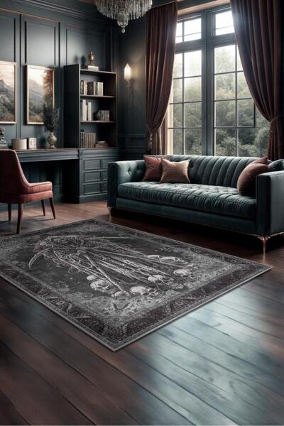 Homshtag Kurukafa Figürlü Korku Temalı Salon Halı Siyah Gri Renk Halı Gotik K...