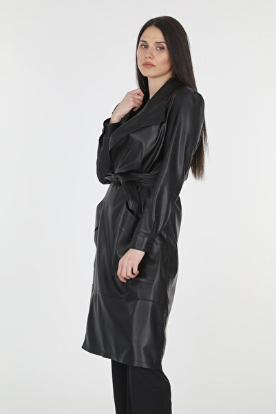 le mardi Kuşaklı Suni Deri Siyah Kadın Trençkot