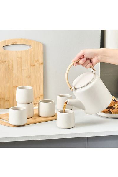 Karaca Yuuki, 7 Piece Ceramic Tea Cup Set for 6 People, Beige