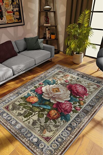 Homshtag Art Deco Şakayık Çiçeği Vintage Halı Görünümlü Dijital Baskı Renkli ...