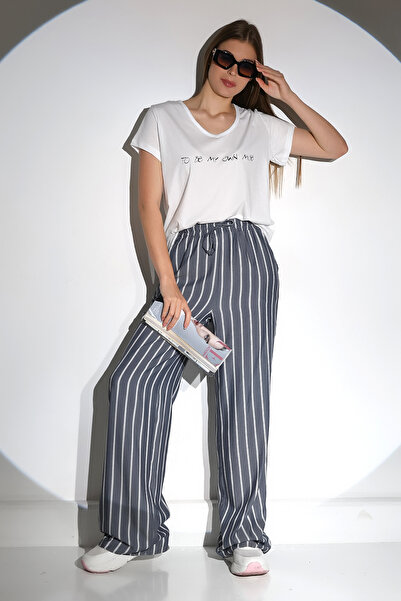 DİVİSTA Γυναικείο παντελόνι σε γκρι λευκό ριγέ