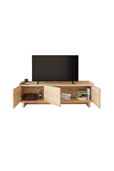 Bimossa 140 cm Safir Meşe Boho TV Ünitesi 55'' Uyumlu Kapaklı Minimal Geniş TV Sehpası
