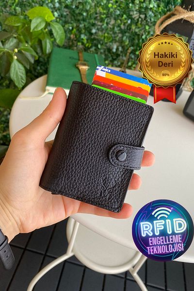 Modica Orlando - Genuine Leather Rfid Protected Black Men's Card Holder Wallet with Anti-Theft Mechanism