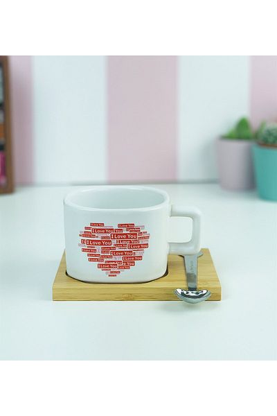 Gift Moda كوب بتصميم I Love You مع حامل خشبي