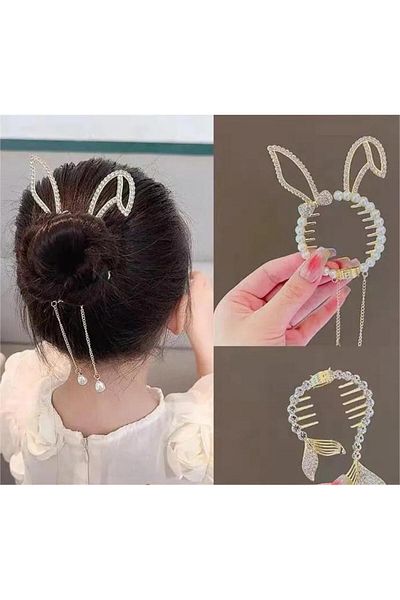 So Much Accesories So Much Women's New Season Pearl and Stone Detailed Bun Buckle with Rabbit Figure