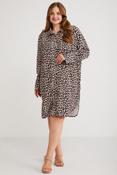 ETHIQUET Safarı Women's Large Size Shirt Collar Button Detail Long Sleeve Leopard Print Dress