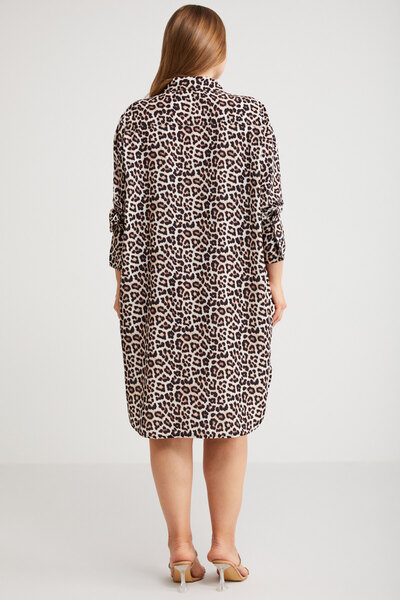 ETHIQUET Safarı Women's Large Size Shirt Collar Button Detail Long Sleeve Leopard Print Dress