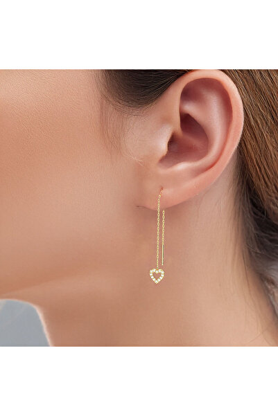 İNDİGO TAKI Beyaz Taşlı Sallanan Küçük Kalp Altın Kaplama Gümüş Küpe