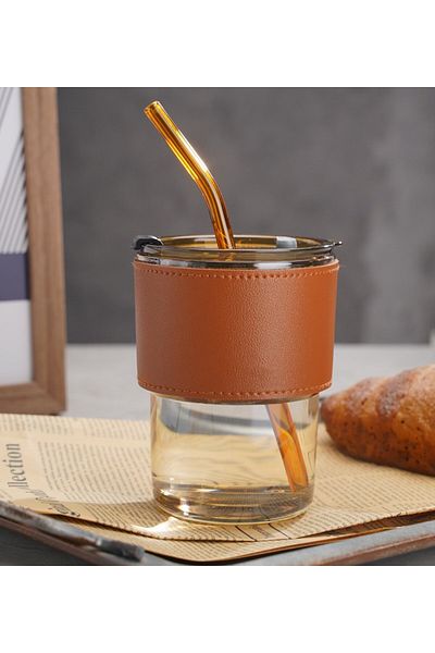 Gift Moda Colorful Glass Mug with Leather Accessories