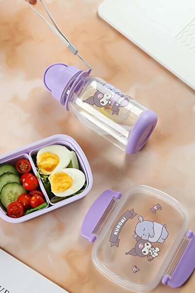 Miniso Sanrio Lisanslı Plastik Yemek Kabı ve Suluk Seti - Kuromi