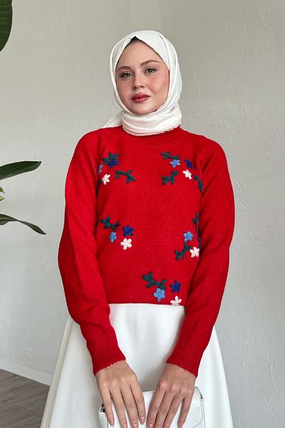 InStyle Red Floral Embroidered Soft Sweater