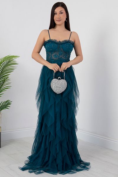 PULLIMM Beading Detail Straps Tulle Dress Ecr5034