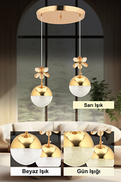 İstanbul Avize Kelebek 2'li Gold Sarkıt Ledli 3 Renk Kademeli Led Avize