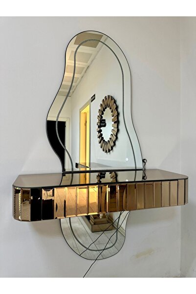 Ayna Dresuar takımı aynalı ledli **BRONZ KAPLAMALI ÇEKMECELİ** ayaksız modern dresuar lüx