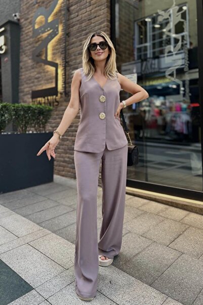 Eswomes بدلة بنطلون سترة بأزرار ذهبية كبيرة باللون الرمادي