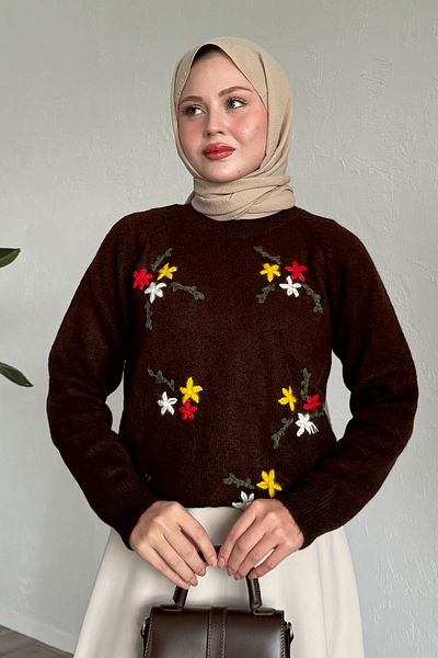 InStyle Bitter Brown Soft Sweater - Floral Embroidered