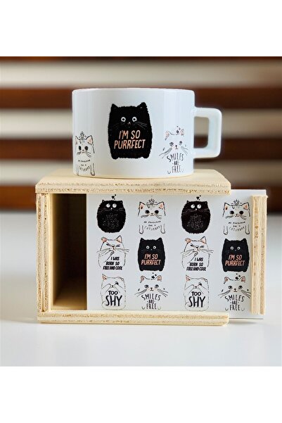 Gift Moda Sevimli Mottolu Ahşap Kutulu Fincan