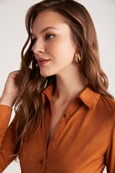 ETHIQUET Peyton Women's Slim Fit Slim Fit Faux Suede Classic Knitted Tan Shirt