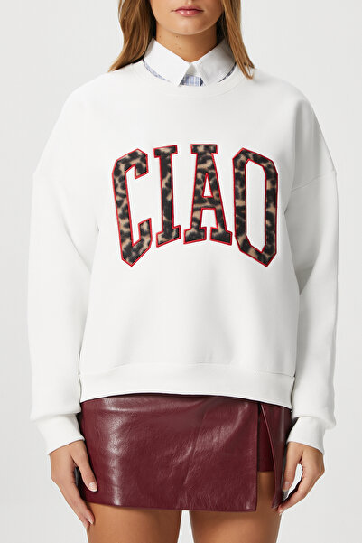 Ritnice Women's Ciao Embroidered Fleece Inside Leopard Ecru Oversize Seeshirt