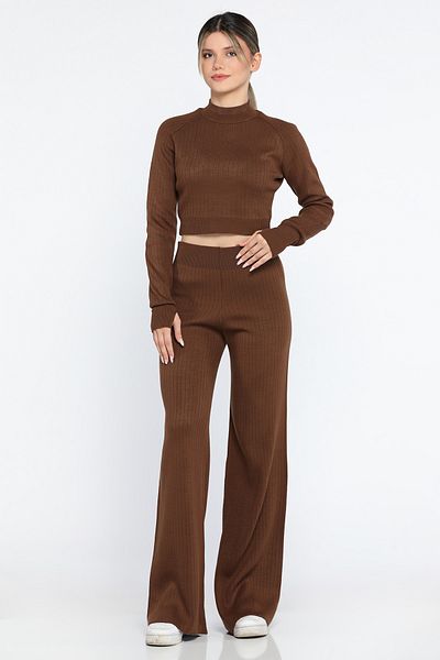GÜLSELİ Brown Women's Half Fisherman Knitted Crop Sweater Trousers Knitwear Top and Bottom Set