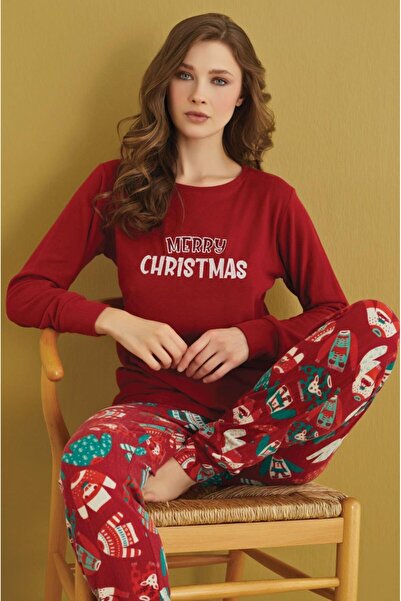 seamlife Red Cotton Thermal Pajamas Set - Long Sleeve, New Year's Theme, Merry Christmas Written