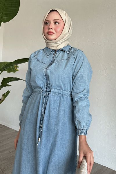 InStyle Rochie albastră din denim cu centură tunel cu semi-fermoar