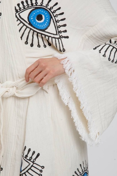 Elif Towels Ecru Color Stone Print Kimono Kaftan