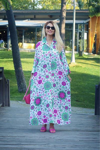 Ritnice Prive Women's Summer Pink Green Print Long Tunic Dress