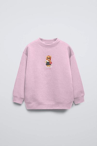 The Champ Clothing Hanorac oversize roz pentru copii - decolteu, buline, imprimat ursuleț