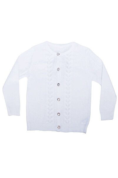 bebegen Girl's White Stripe Knitted Patterned Pearl Buttoned Knitwear Cardigan