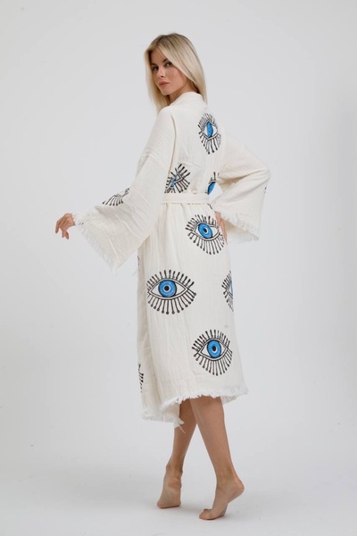 Elif Towels Ecru Color Stone Print Kimono Kaftan