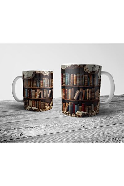 Pixxa Kitap Kurdu Kitapsever Kütüphane Optik İllüzyonlu Kupa Bardak Model 6