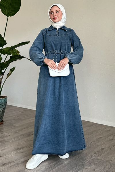 InStyle Rochie albastră din denim cu fermoar cu centură de tunel