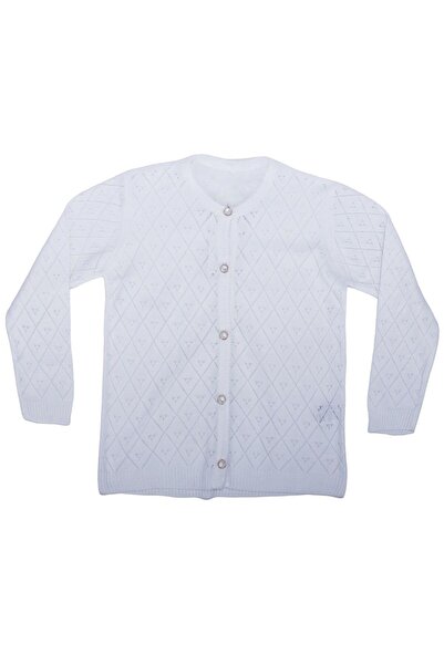 bebegen Girl's White Diamond Patterned Pearl Buttoned Knitwear Cardigan