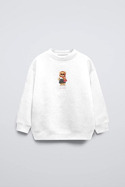 The Champ Clothing Hanorac supradimensionat pentru copii, alb, cu gât crew, cu litere de modă retro, ursuleț cu buline