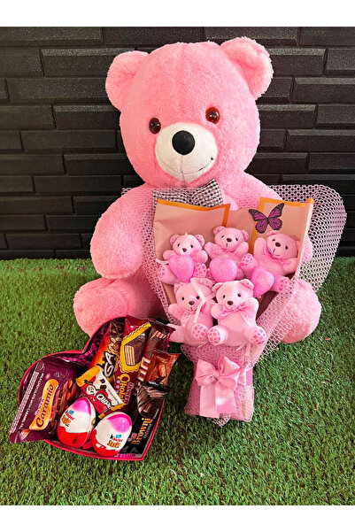 lenostra Sevgiliye Hediye Ayıcık Buketi Çikolata Kutusu ve 55cm Pembe Ayıcık
