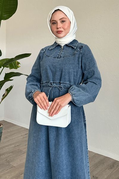 InStyle Rochie albastră din denim cu fermoar cu centură de tunel