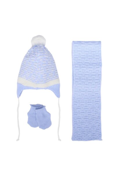 bebegen Baby Boy Blue White Mixed Line Patterned Knitwear Scarf Beanie Set