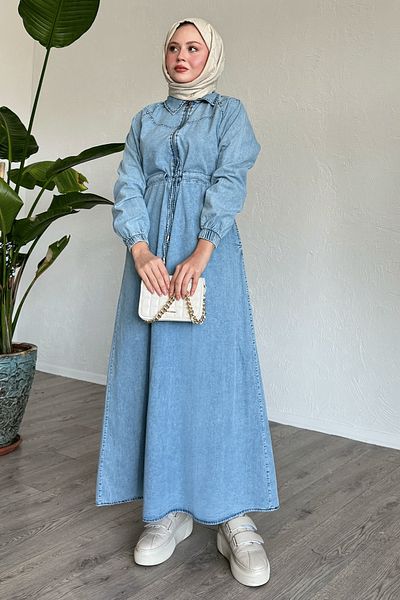 InStyle Rochie albastră din denim cu centură tunel cu semi-fermoar