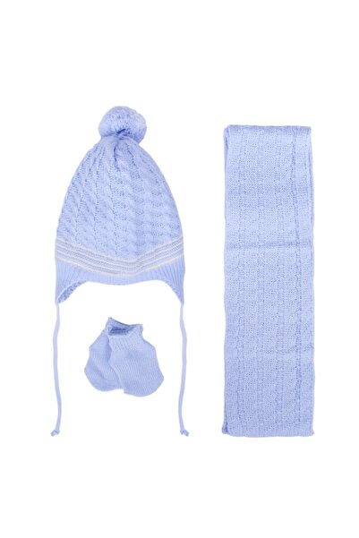 bebegen Baby Boy Blue White Hair Knitted Patterned Knitwear Scarf Beanie Set