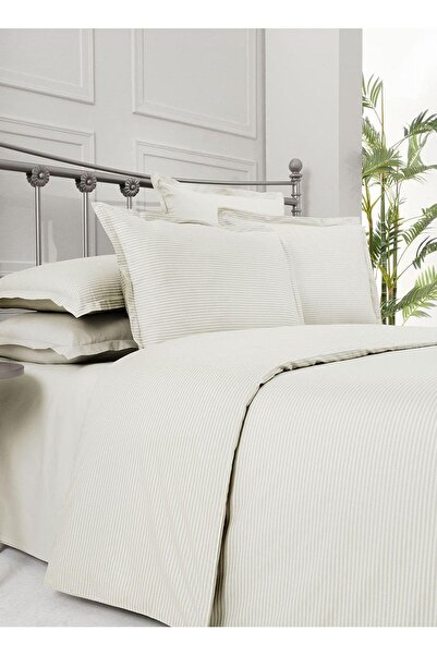 Sarev Fancy Stripe King Size Pamuk Nevresim Takımı Ekru