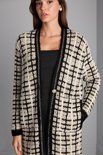 JOIN US Simli Kareli Tek Düğmeli Siyah Maxi Triko Kaban