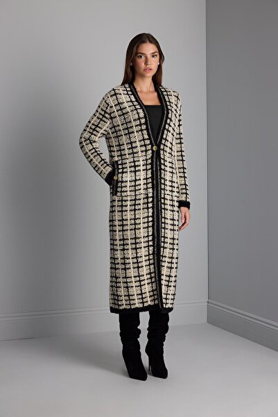 JOIN US Simli Kareli Tek Düğmeli Siyah Maxi Triko Kaban